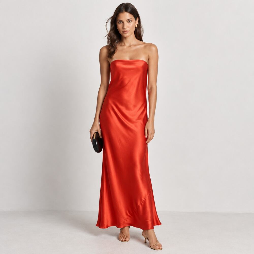 Reformation Oren Silk Maxi Dress Medium Red Coral Strapless Evening Gown